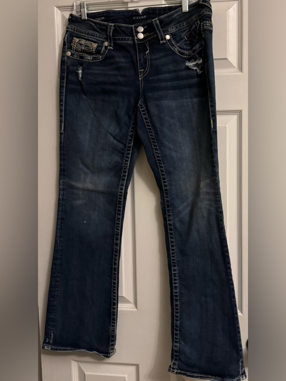 Dark Wash Distressed Bootcut Jeans - Blue
